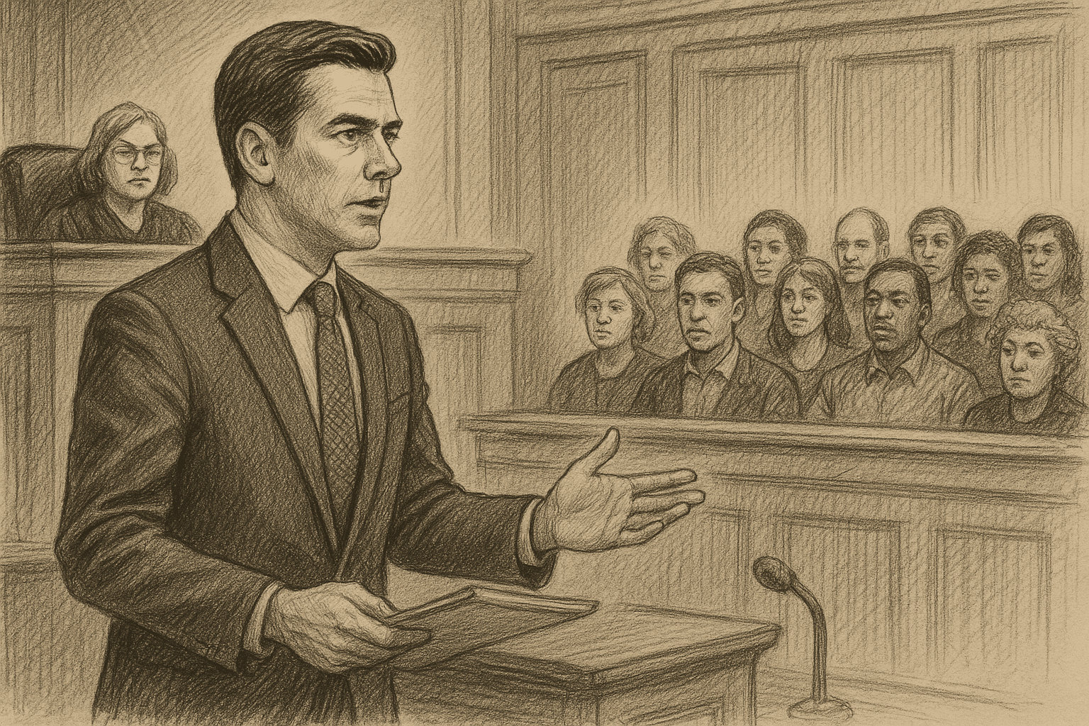 Courtroom sketch of trial lawyer addressing jury before judge ā Swift Law Miami litigation boutique