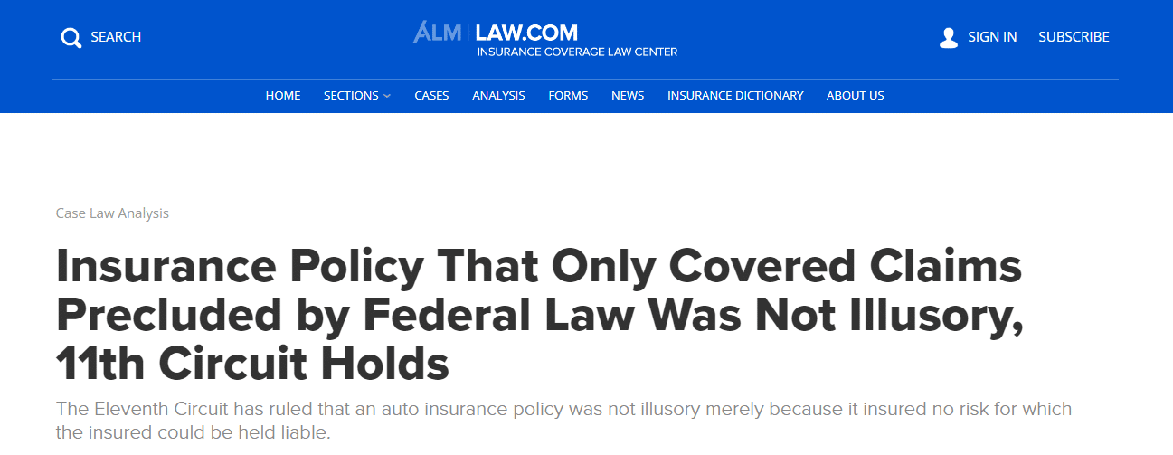 Screenshot of Law.com article about Eleventh Circuit decision on insurance policy coverage under federal law